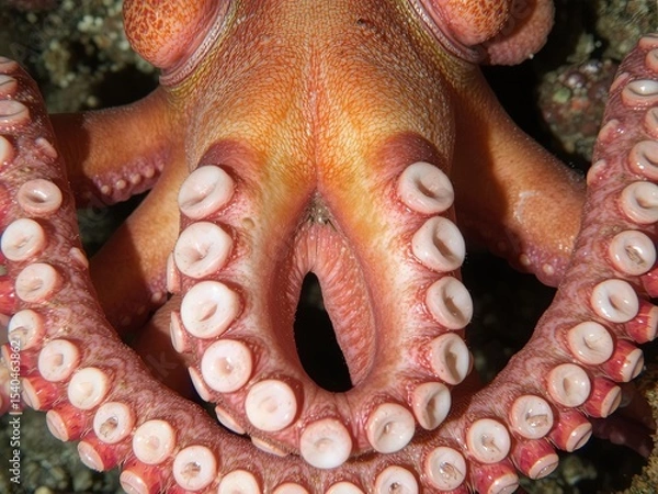 Fototapeta Underwater close-up of octopus tentacles with suction cups, ultra-detailed textures, vibrant color contrasts, Ai Generate.