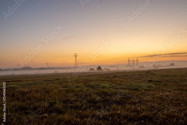 Fototapeta The dawn fog shrouded the high-voltage power poles. Early morning, foggy haze