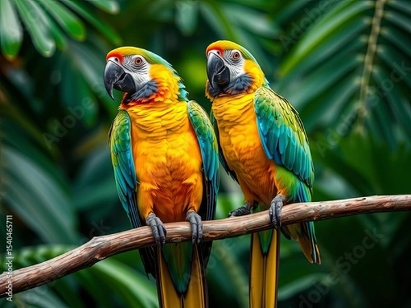 Fototapeta Pair of macaws perched on rainforest branch, vibrant plumage, tropical green background, detailed feathers, photorealistic wildlife portrait, Ai Generate.