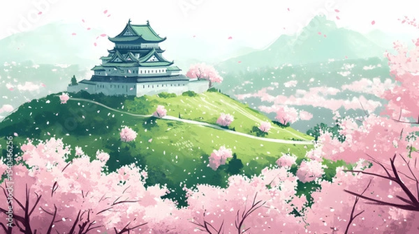 Obraz Cherry blossom surrounding historic japanese castle on a hill
