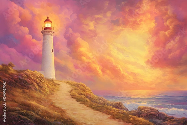 Obraz Dramatic sunset over lighthouse and ocean cliffs with colorful skies