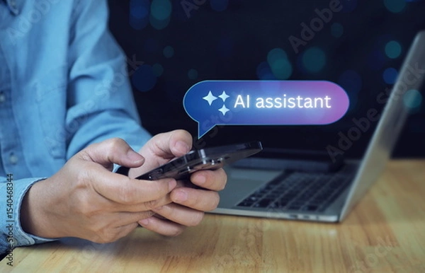 Fototapeta AI assistant button. Generate text, image, video tool. LLM chat bot. AI assistant for AI work, helping human work, hand holding a mobile phone, using chatboard