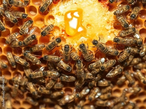 Fototapeta Bees swarming around honeycomb structure, golden honey dripping, extreme macro, Ai Generate.