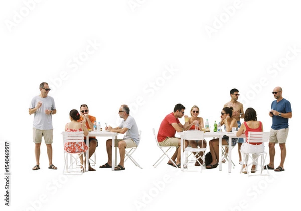 Fototapeta Backlit café scene with happy adults and children sitting around a table, talking and enjoying time together, isolated on a transparent background.