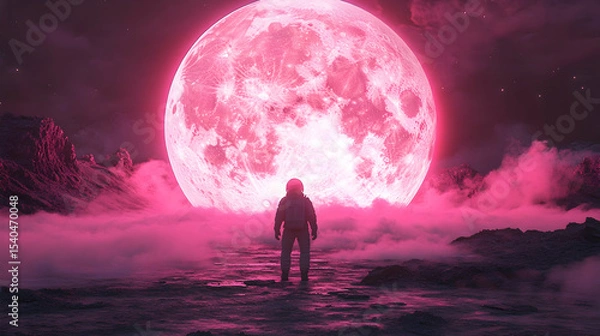 Obraz Astronaut in pink lunar landscape with large moon
