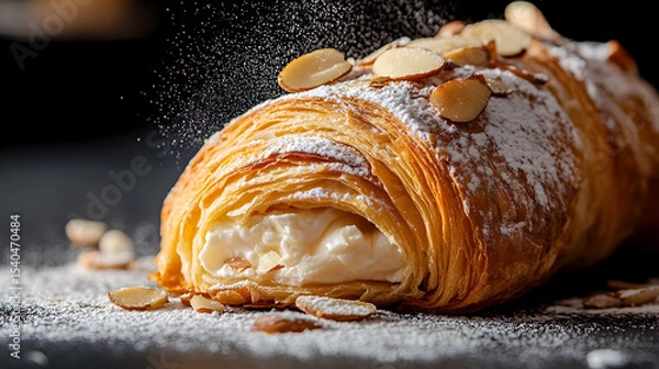 Obraz Freshly baked almond croissant with cream filling and powdered sugar