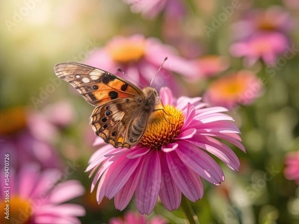 Fototapeta Detailed close-up of butterfly resting on flower, vibrant wing patterns, soft sunlight, garden scene, nature macro photography, Ai Generate.