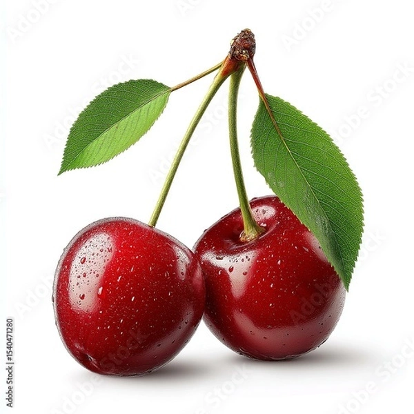 Obraz Two fresh cherries with droplets of water, highlighting their vibrant color and natural beauty.
