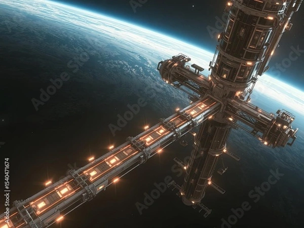 Fototapeta Futuristic space elevator connecting Earth to orbital station, glowing lights, detailed engineering structures, cinematic perspective, deep space backdrop, Ai Generate.