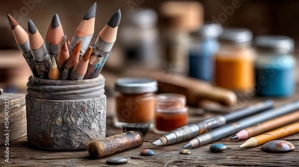 Obraz Creative art supplies arrangement studio workspace still life artistic environment close-up view crafting inspiration