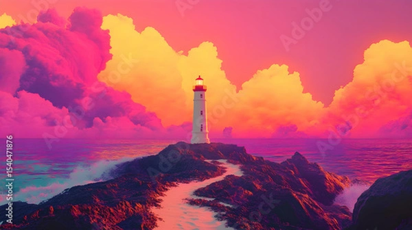 Obraz Dramatic sunset with lighthouse and vibrant cloudscape over rocky coastline