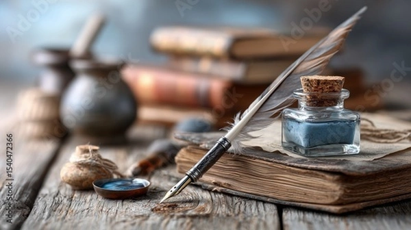 Obraz Creating art with quill and ink vintage writing tools study room still life close-up craftsmanship