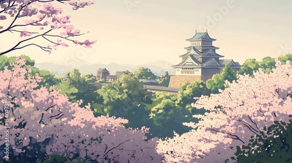 Obraz Serene japanese castle in spring with cherry blossoms and lush greenery