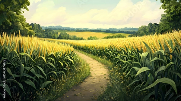 Obraz Scenic path through lush cornfield under clear sky in rural countryside landscape