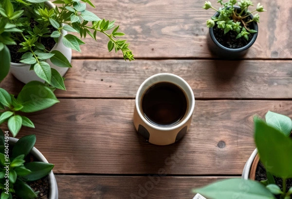 Fototapeta Single handleless coffee cup on rustic table surrounded by potted green plants without flowers