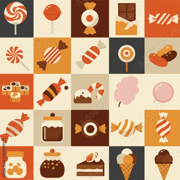 Fototapeta A seamless geometric retro vector pattern oftypes of candy and sweets