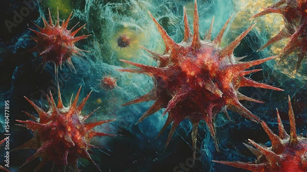 Fototapeta Microscopic view of virus particles in a luminous environment