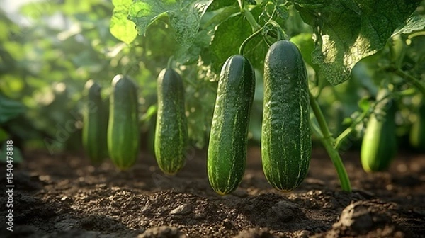 Fototapeta Cucumbers hang on vines surrounded by large leaves on a farm