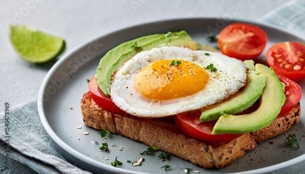 Fototapeta fried egg with tomato and avocado on toast in light grey plate closeup