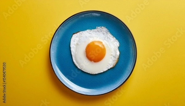 Fototapeta fried egg on a blue plate on yellow background top view