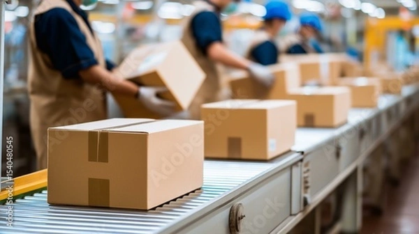 Obraz Workers efficiently packing boxes on a conveyor belt in a modern warehouse setting.