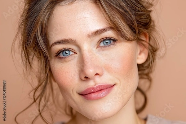 Obraz A close-up portrait of a young woman with a natural look, showcasing her clear blue eyes and soft smile.