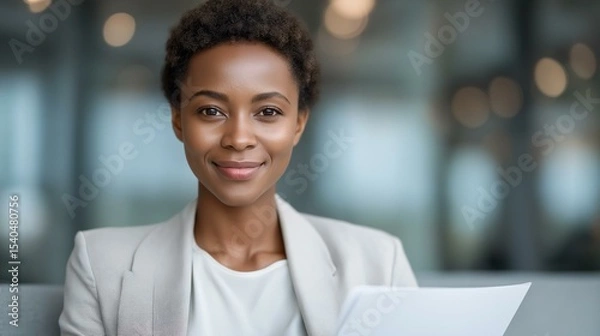 Obraz Confident professional woman holding a document, smiling in a modern office environment.