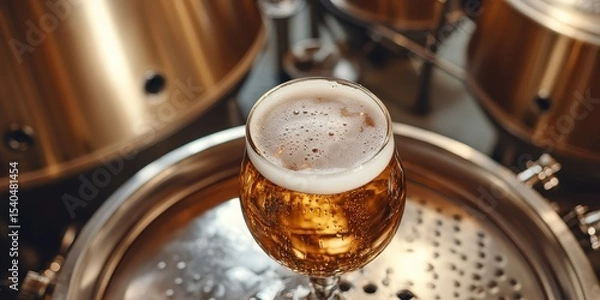 Obraz Golden Beer: A close-up of a refreshing glass of golden beer, filled to the brim with frothy foam, sitting atop a metal surface. The beer shines, reflecting the ambient light.