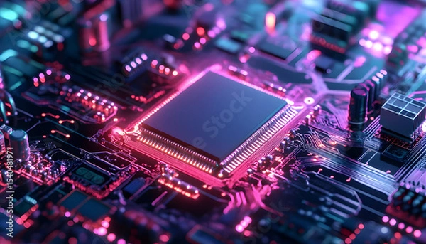 Fototapeta captivating microchip on a futuristic circuit board illuminated by vibrant lights