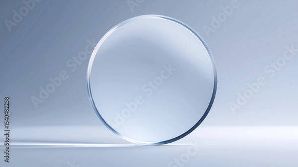 Fototapeta Minimalist close-up of a transparent glass lens with a smooth, circular design, isolated on a light background. Ideal for technology, optical products, or scientific branding use.