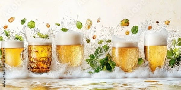 Fototapeta Cheers to Refreshment: A visual toast to the refreshing world of beer, captured in a crisp, studio-quality shot, showcasing the golden elixir alongside its essential ingredients.