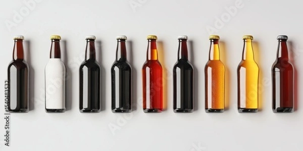 Fototapeta Colorful Beer Bottles: A captivating array of beer bottles, each with a unique color and hue, are arranged in a row, creating an aesthetically pleasing visual.