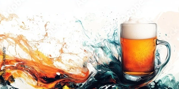 Obraz Mug of Golden Ale with Swirls: A refreshing pint of golden ale, brimming with frothy foam, is artfully presented against a backdrop of vibrant, swirling colors.