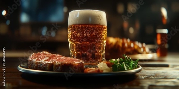 Obraz Culinary Delight: A mouthwatering steak and a frothy glass of beer, perfectly complemented by side dishes, creating a moment of pure dining pleasure.