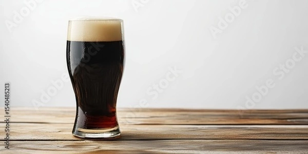 Obraz Malty Stout in Glass: A full glass of dark, rich stout beer, topped with a creamy head, rests on a rustic wooden surface, ready to enjoy a moment of simple pleasure.