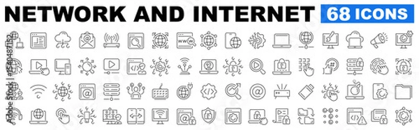 Fototapeta Network and Internet 68 icon set. Online, computer, network, website, server, web design, hardware, software, programming, internet and more. Editable stroke. Vector illustration