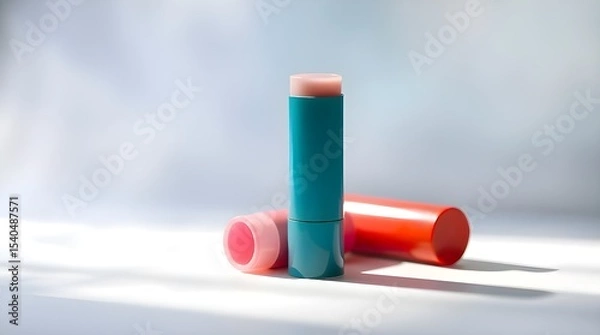 Fototapeta Three lip balms in vibrant colors on a white background, depicted in a soft, dreamy atmosphere with hazy light, mystic enchantment, gentle color contrasts, and an ethereal quality 