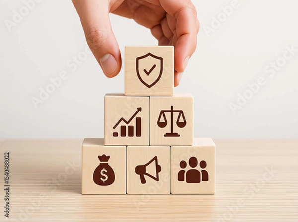 Fototapeta Hand arranging wooden blocks with icons of shield graph scale money bag megaphone and group symbolizing protection growth justice finance marketing and teamwork concepts