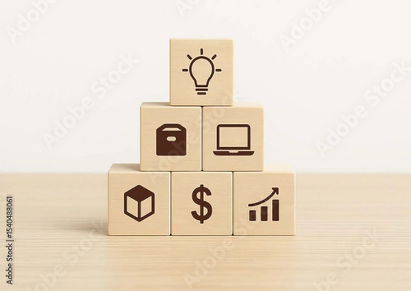 Fototapeta Wooden blocks with business icons including light bulb, box, laptop, cube, dollar sign, and growth chart stacked on wooden surface, symbolizing innovation and financial success