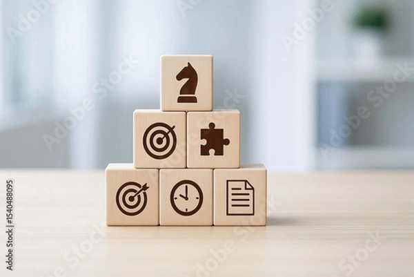 Fototapeta Wooden blocks with business strategy icons including chess knight, target, puzzle, clock, and document stacked on table in bright office setting, symbolizing planning and goal achievement