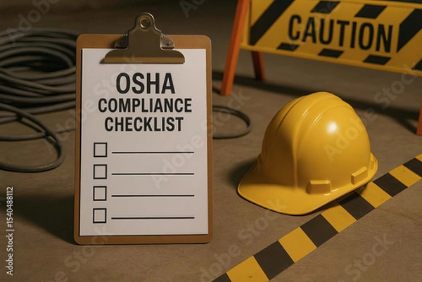 Fototapeta OSHA compliance checklist on clipboard with yellow safety helmet and caution sign on industrial floor, emphasizing workplace safety and hazard prevention