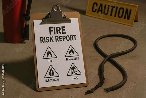 Fototapeta Fire risk report on clipboard with caution sign and damaged electrical cable on floor, highlighting fire, flammable, electrical, and toxic hazards in workplace safety environment
