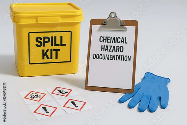 Fototapeta Chemical hazard documentation on clipboard with blue protective glove, yellow spill kit container, and hazard warning symbols for safety and emergency response