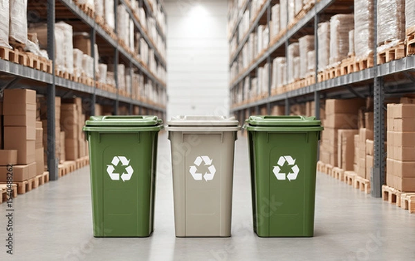 Fototapeta Recycling bins in green and beige colors stand in warehouse aisle surrounded by shelves filled with stacked cardboard boxes and wrapped pallets, promoting eco friendly waste management
