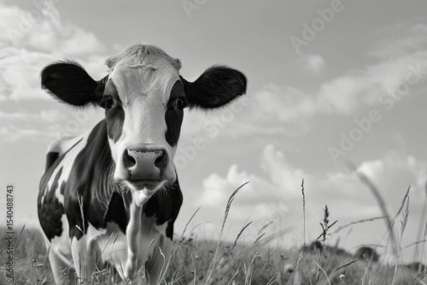 Fototapeta Detailed Color Image of Horizontal Closeup Shot of a Black and White Cow in the Pasture