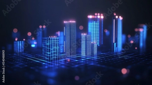 Fototapeta Cyber Cityscape: A futuristic cityscape glows with neon lights, representing technological advancement and urban innovation, with an emphasis on future development.
