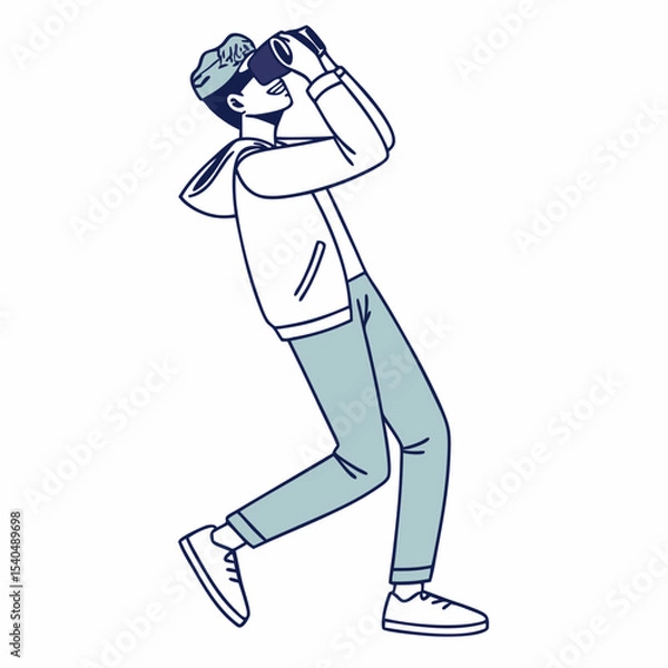 Fototapeta Young man using binoculars outdoor observation