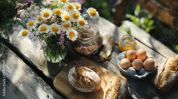 Obraz Rustic table with eggs, homemade bread and honey and bouquet of daisies