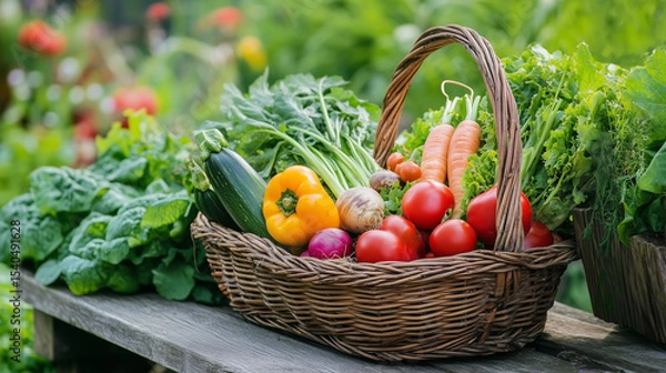 Obraz Basket of fresh vegetables on bench in cottage garden.