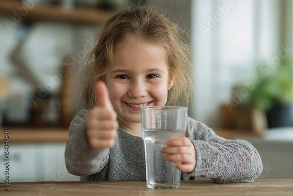 Obraz A joyful child giving a thumbs up while holding a glass of fresh water.